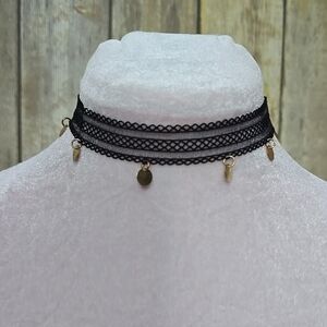 Elegant Black Lace Choker Necklace with Gold Circle Dangle Accents
